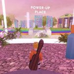 View of Mini Game Heights area at Beithoven.com featuring colorful structures and a person with a guitar case in the foreground.
