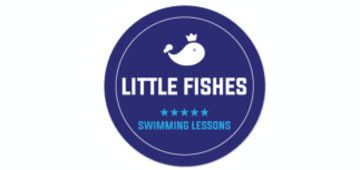 Whale logo with "Little Fishes Swimming Lessons" text, navy blue background, and white whale graphic, representing a children's swimming lesson service.